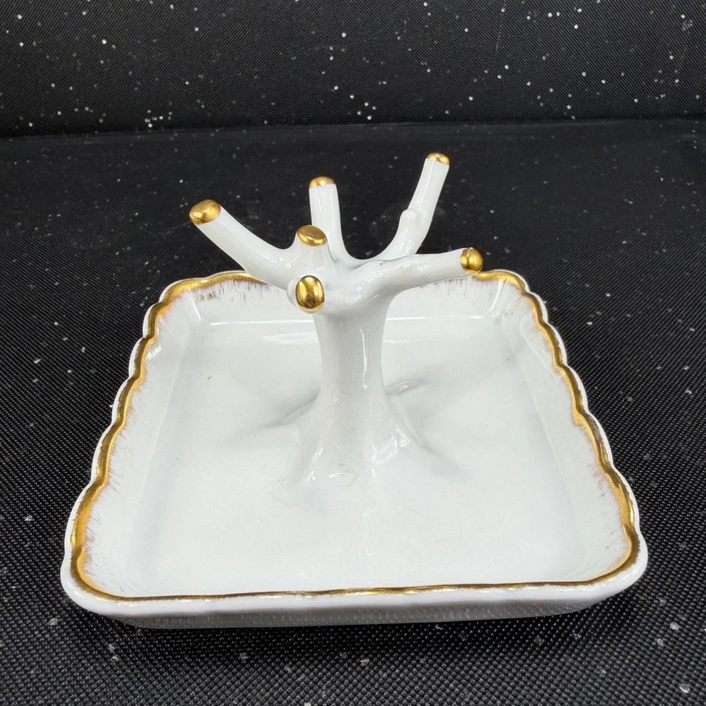 Limoges France Chamart Exclusive Porcelain Ring Holder Tree Gold Gilt White Tray